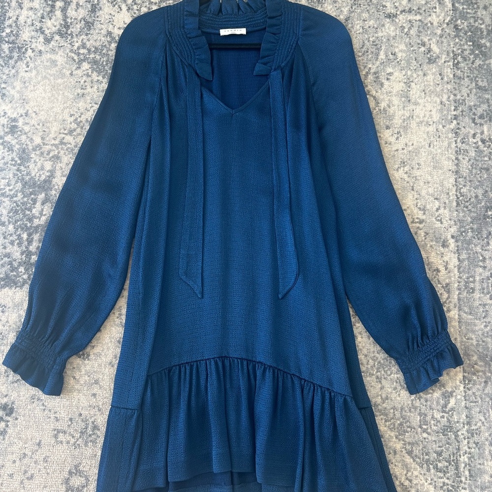 Elegant SANDRO  Navy Blue satin Long Sleeve Dress